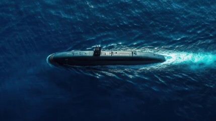 Aerial view of a submarine navigating through deep blue ocean waters