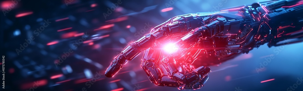 Poster A futuristic robotic hand with glowing elements reaches out, surrounded by digital sparks and a cosmic background, symbolizing advanced technology and human interaction.