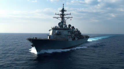 Modern naval ship navigating through open ocean under cloudy skies