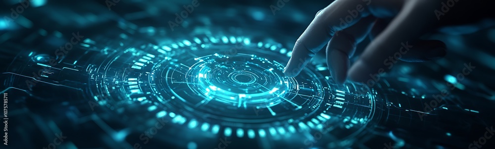 Poster A hand reaches toward a glowing, futuristic interface filled with dynamic patterns and symbols, representing advanced technology and interactivity.