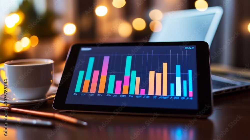 Poster colorful digital graphs and charts displayed on tablet next to coffee cup and laptop in cozy office 