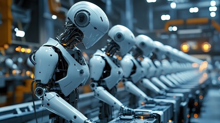 Fototapeta premium A line of white industrial robots working in a factory