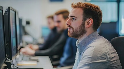 Fototapeta premium Man with Beard Sitting at Desk in Office, Focused on Computer Screen