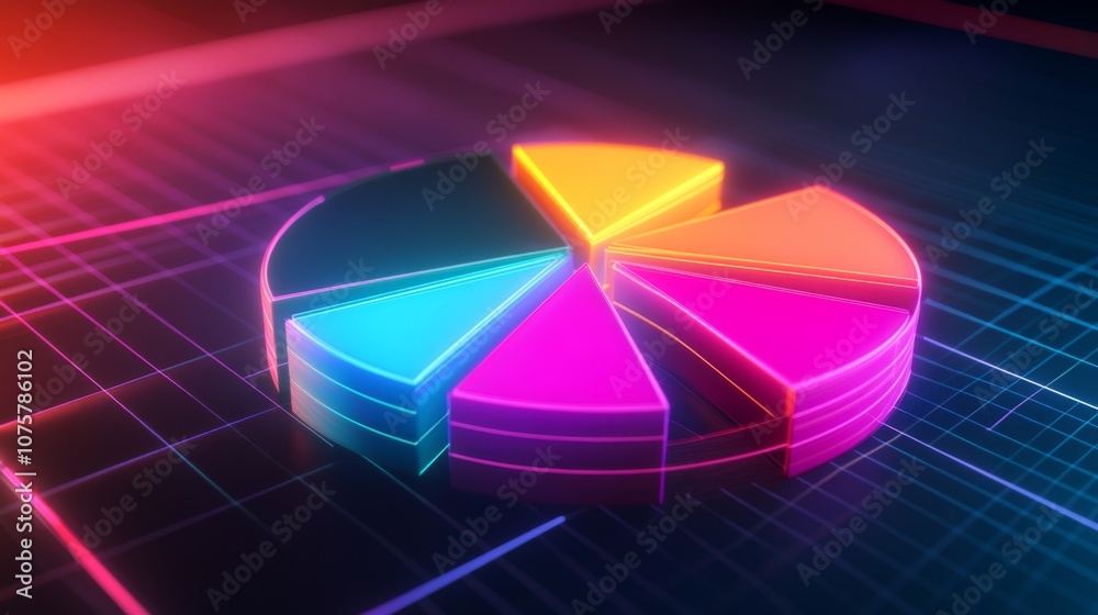 Aufkleber colorful 3d pie chart visualization with neon colors over data grid background, ideal for presentati