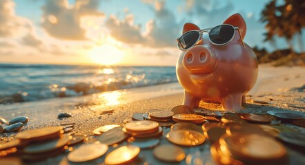 Pink piggy bank with sunglasses on a beach with gold coins, representing vacation savings and investment success in a summer holiday setting