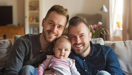 Obraz premium gay couple with adopted kid, lgbtq and child adoption concept, lgbt families and kids