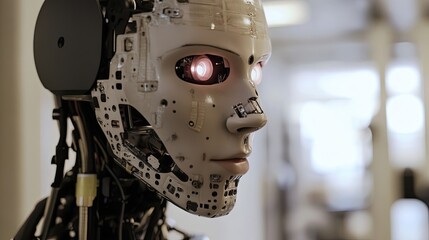 Fototapeta premium A Close-Up of a Futuristic Robot's Head with Glowing Red Eyes