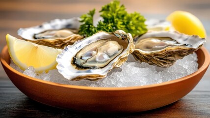 Fresh oysters on a bed of ice with lemon wedges, detailed textures, juicy and luxurious appeal for seafood lovers, seafood closeup