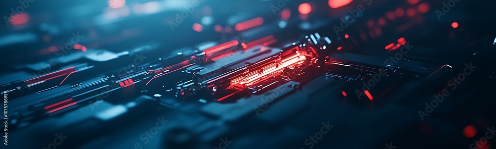Poster a vibrant, futuristic close-up of a digital circuit board featuring glowing red and blue lights, sym