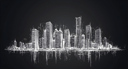 simple line drawing of the skyline of a metropolitan city.  on dark background