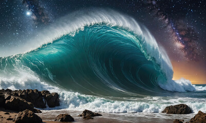 A large wave crashes on the shore at night, under a sky full of stars