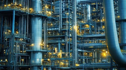 An intricate network of pipes and platforms at an illuminated industrial complex