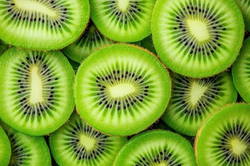 Juicy kiwi slices with fuzzy skin and vibrant green texture, speckled with black seeds, fresh and tropical appeal, exotic fruit