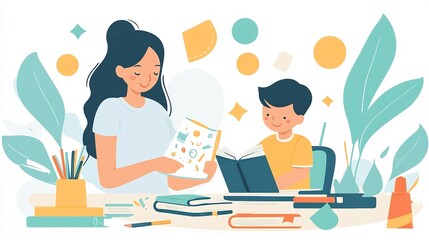A mother and her young child are deeply immersed in a craft project surrounded by books and various art supplies following a story they just read together  The scene exudes a sense of warmth