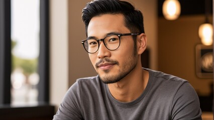 Fototapeta premium A man with glasses and a beard, wearing a gray shirt, smiles at the camera in a softly lit room.