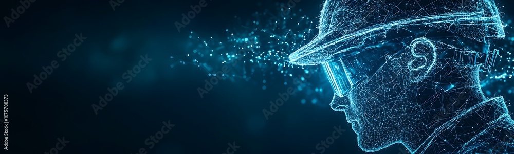 Poster a digital representation of a man's profile wearing a hard hat, composed of glowing particles agains