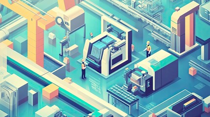 Obraz premium Isometric Illustration of an Automated Factory with Workers and Machinery