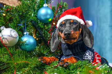 Festive dachshund in santa hat amidst decorated christmas tree.