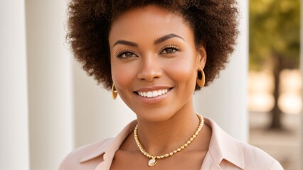 A woman with curly hair and a pearl necklace smiles warmly at the camera, wearing a pink blouse and gold hoop earrings.