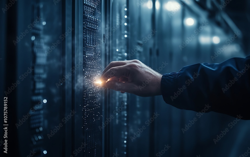 Poster a hand interacts with a server rack, illuminated by a glowing light, in a dark, tech-focused environ