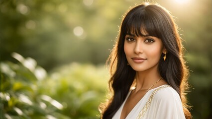 Naklejka premium A woman with long dark hair and bangs gazes at the camera, wearing a white blouse with gold embroidery, set against a blurred green background.