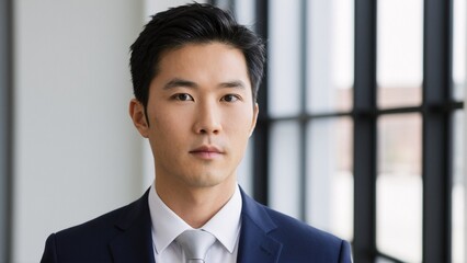 A man in a blue suit and tie stands in front of a window, gazing directly at the camera with a serious expression.