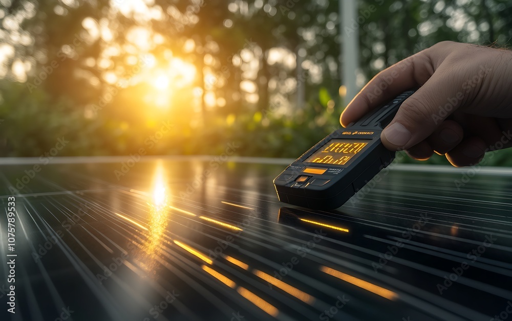 Poster A person measures sunlight intensity on a solar panel with a device, glowing sunlight filters through trees in the background.
