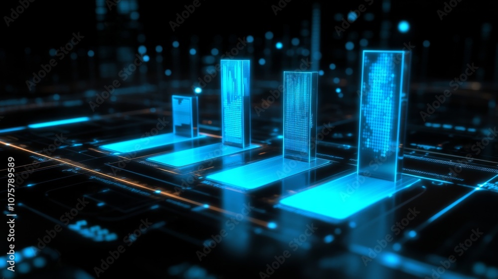 Poster futuristic digital data visualization with glowing bar graphs and transparent elements over a high-t