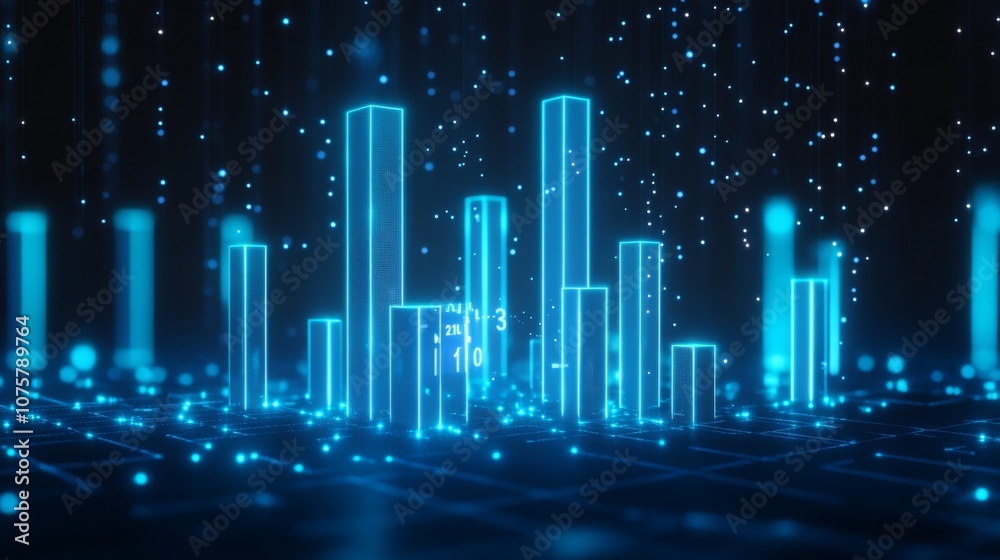 Poster abstract digital cityscape with glowing blue buildings and data points representing technology, inno