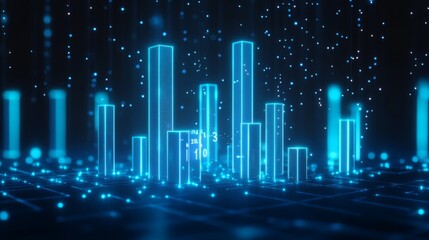 Abstract Digital Cityscape with Glowing Blue Buildings and Data Points Representing Technology, Innovation, and Futuristic Urban Design on a Dark Background