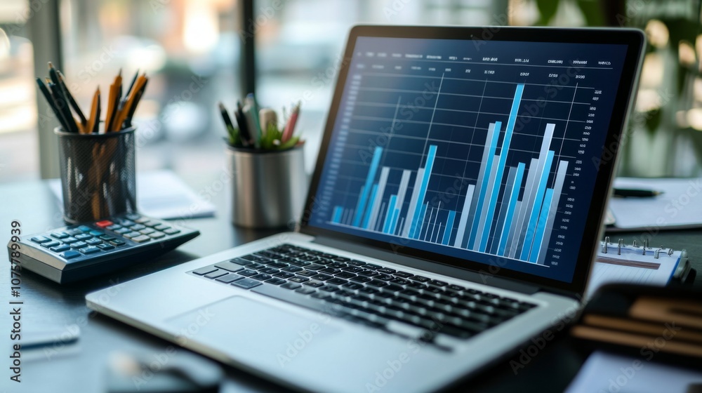 Poster modern workspace with laptop displaying profit and loss graphs, calculator, and stationery items in 