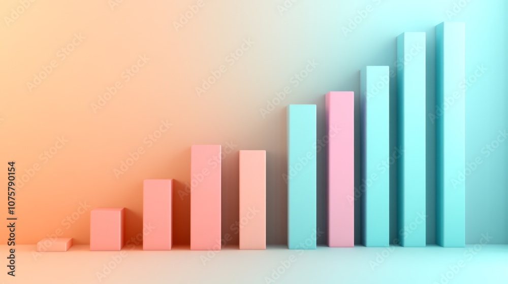 Poster Colorful 3D Bar Graph Representing Growth and Progress on a Soft Gradient Background Featuring Warm and Cool Tones for Business and Marketing Concepts