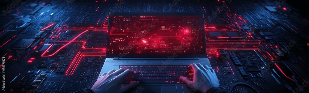 Poster A high-tech scene showcasing hands on a keyboard with glowing circuit patterns, emphasizing a digital and cybernetic theme.