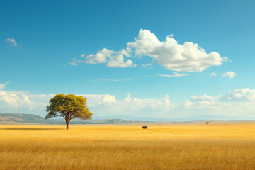 A vast savannah landscape with acacia trees and an African lion hunting in the distance. African...