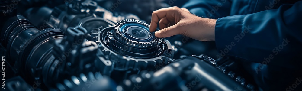 Poster A close-up of a mechanic's hand adjusting a complex machinery component, showcasing the intricacies of engineering and technology.