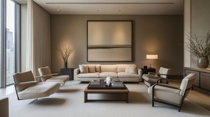 Modern and Spacious Living Room Design Featuring Neutral Color Palette, Elegant Furniture, and Beautiful Natural Lighting in a Contemporary Urban Setting