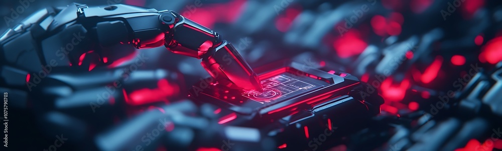 Aufkleber a futuristic robotic hand interacts with a glowing circuit board, surrounded by a rich blend of blue
