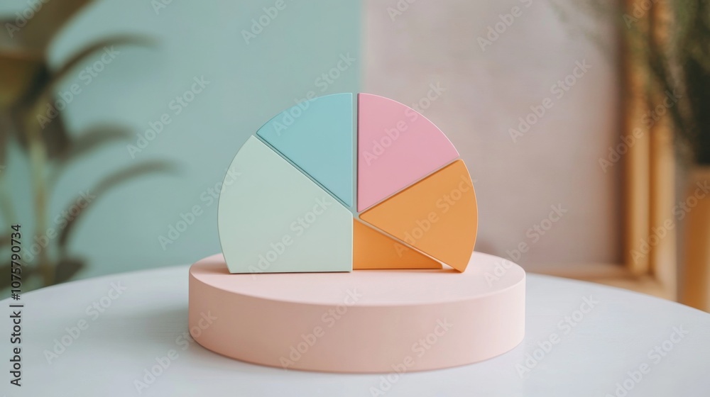 Poster modern geometric composition featuring colorful segments on a minimalistic pedestal in a bright inte