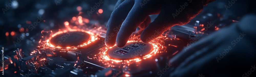 Aufkleber A hand interacts with glowing circular interfaces, creating a futuristic and high-tech ambiance filled with vibrant sparks and intricate details.