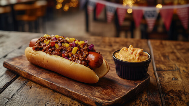 Classic Chilli Dog with Cheddar Dip: Festive 4th of July Diner Scene