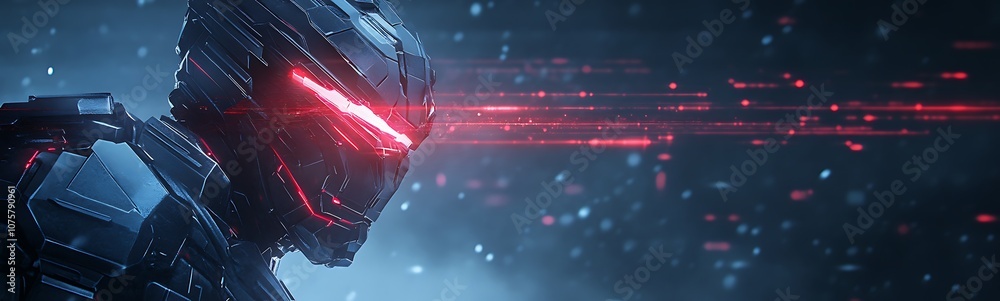 Poster a futuristic robotic figure with glowing red eyes, surrounded by a digital environment, conveying th