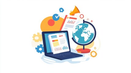 A creative vector graphic showing a laptop, documents,