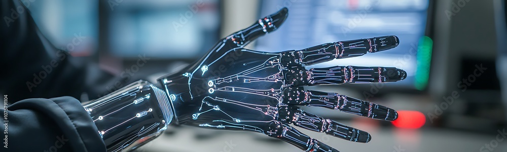 Poster a futuristic, illuminated robotic hand is displayed, showcasing intricate technology against a backd