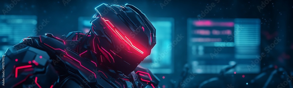 Poster a futuristic robotic figure with glowing neon elements, set against a backdrop of digital screens, e
