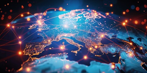 Global Network Connectivity in Europe: Digital Map with Glowing Connections and Light Beams