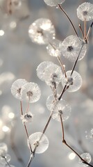 Delicate frost-covered flowers sparkling in winter light.