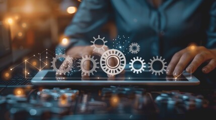 Businesswoman using tablet with digital gears for online systems and data management, Businessman in office with virtual document and checkboxes