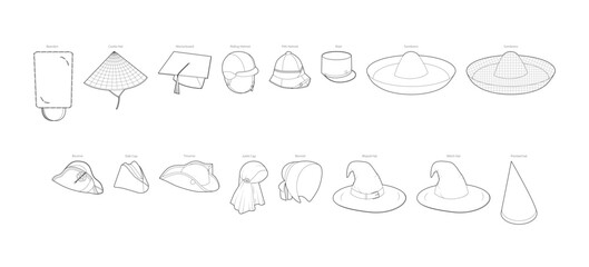 Set of Different Hats with name text - Coolie Mortarboard Sombrero Wizard, Bicorne Bonnet Bearskin Kepi Pith Riding Helmet Fashion accessory cap technical illustration. Vector flat template CAD mockup
