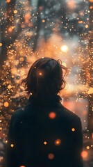 Fototapeta premium A contemplative young woman with curly hair gazes into a magical, sparkly forest.