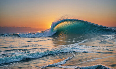 A perfect wave breaks at sunset, creating a beautiful scene of blue and orange hues